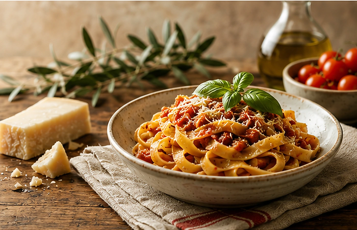 Table italienne avec pâtes, huile d'olive et tomates